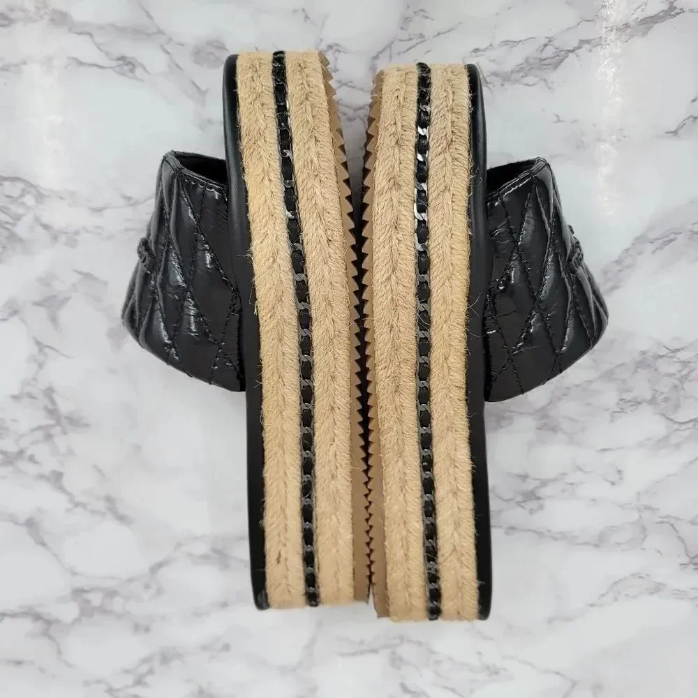 Karl Lagerfeld Kamara Black Quilted Platform Slide Sandals Jute Espadrilles